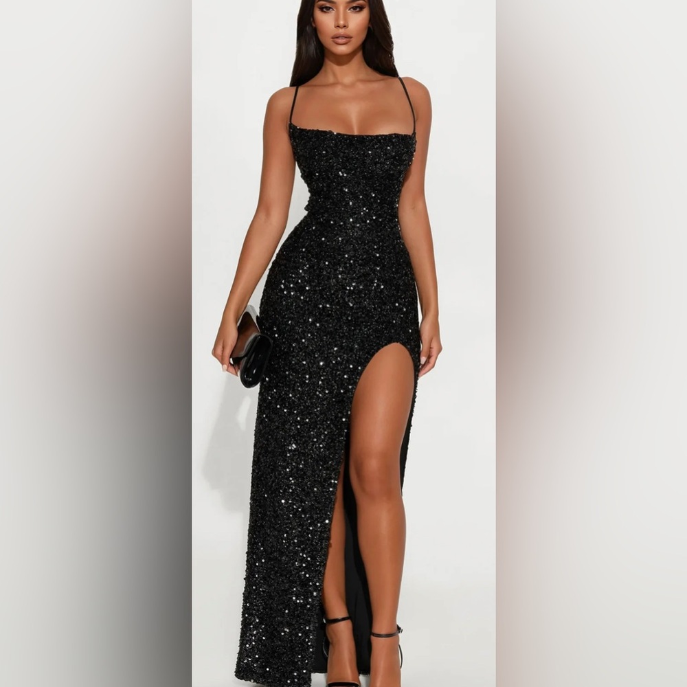 FASHION NOVA MAXI DRESS SIZE M HIGH SLIT VELVET SEQUIN KRISSY BLACK HIGH-LOW HEM